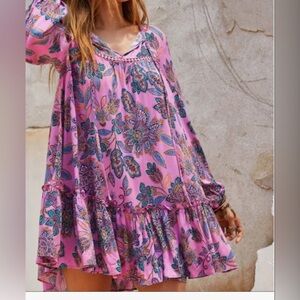 Pink and purple Boho gypsy floral print long sleeve smock dress,#762